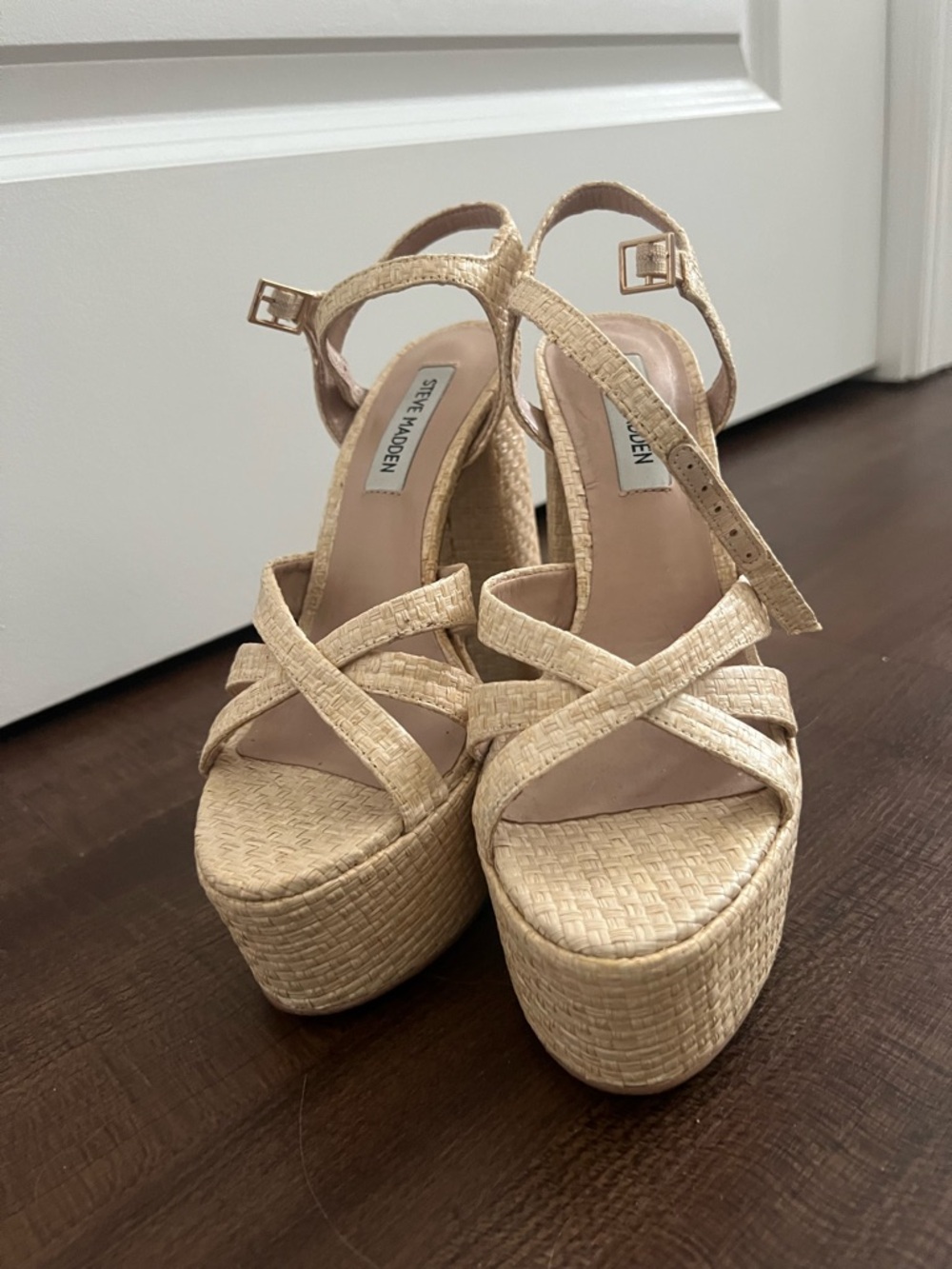Steve Madden Natural Woven Platform Block Heel Sandals - Picture 3 of 5